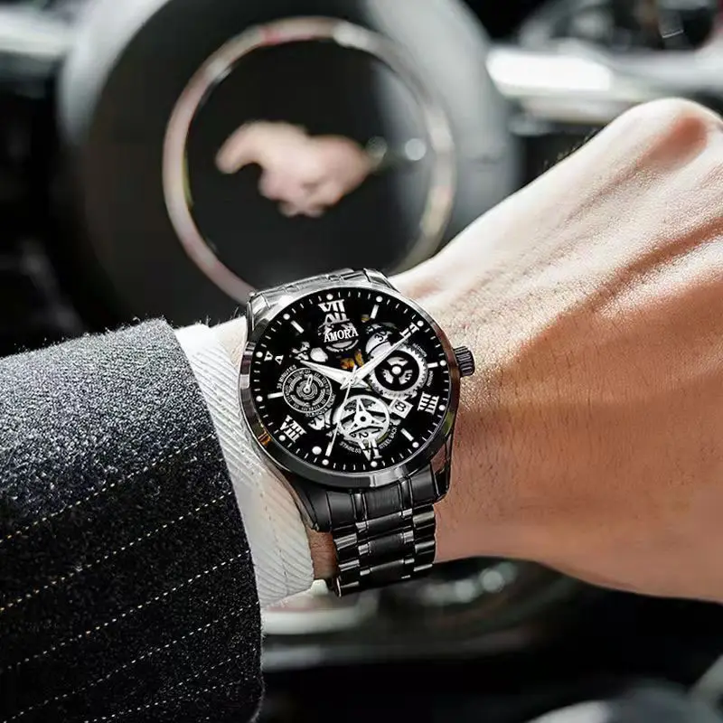Men's Waterproof Luminous Skeleton Watch Gold Black — feature 18