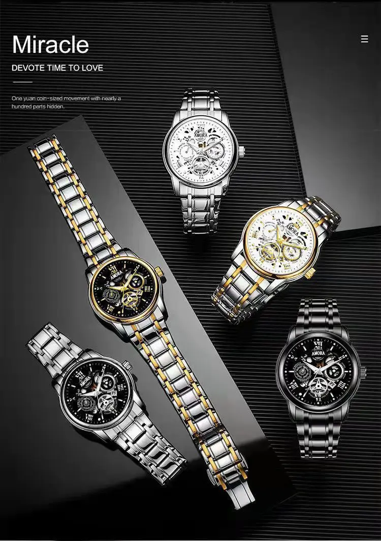 Men's Waterproof Luminous Skeleton Watch Gold Black — feature 9