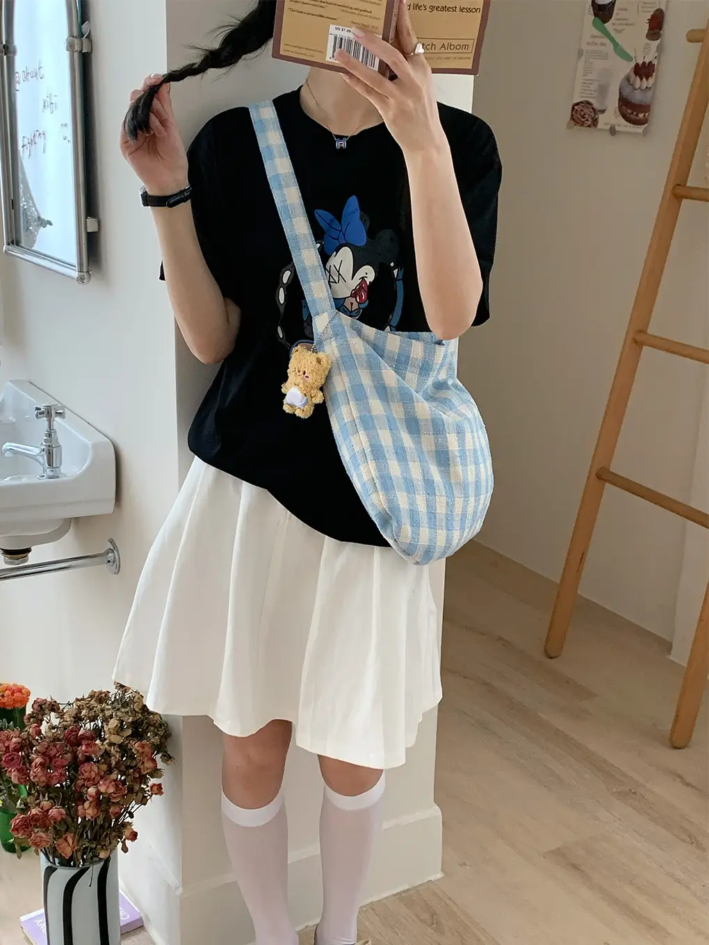 Korean Style Plaid Shoulder Crossbody Bag Large Capacity Cream Blue - Image 6