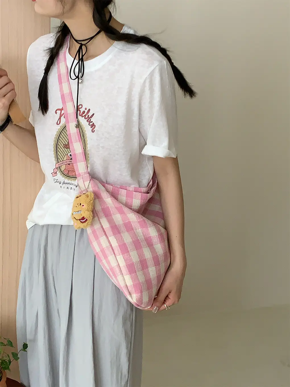Korean Style Plaid Shoulder Crossbody Bag Large Capacity Cream Blue — feature 10