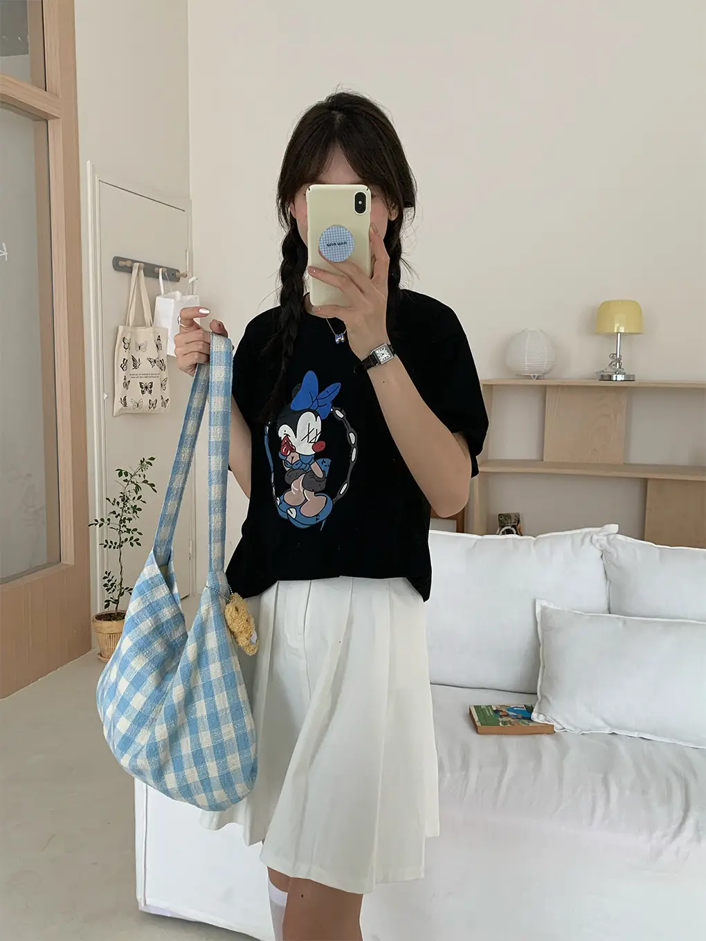 Korean Style Plaid Shoulder Crossbody Bag Large Capacity Cream Blue — feature 12
