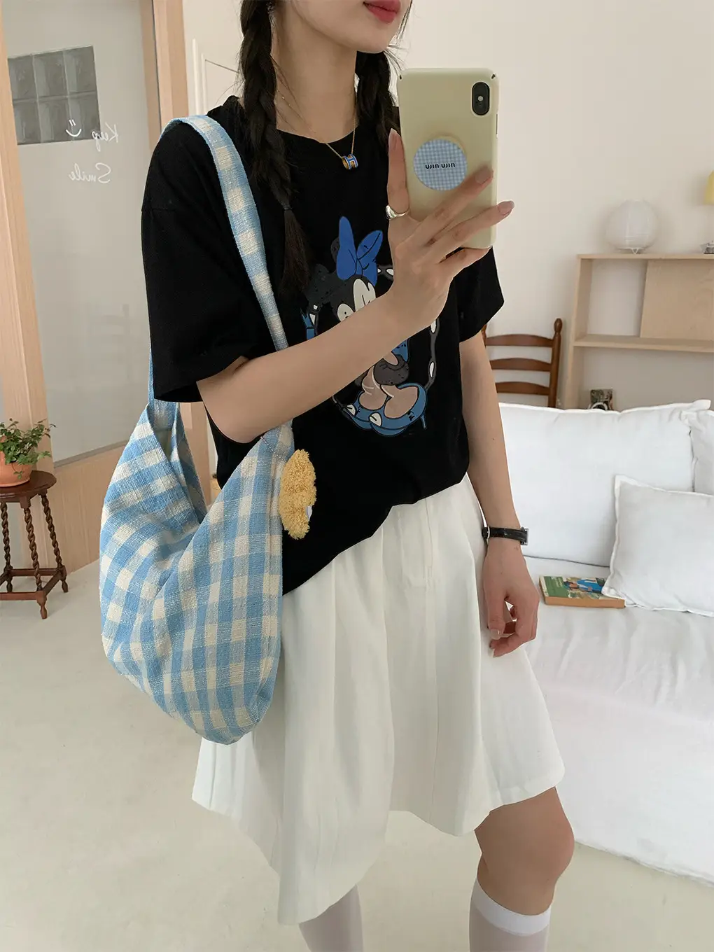 Korean Style Plaid Shoulder Crossbody Bag Large Capacity Cream Blue — feature 13