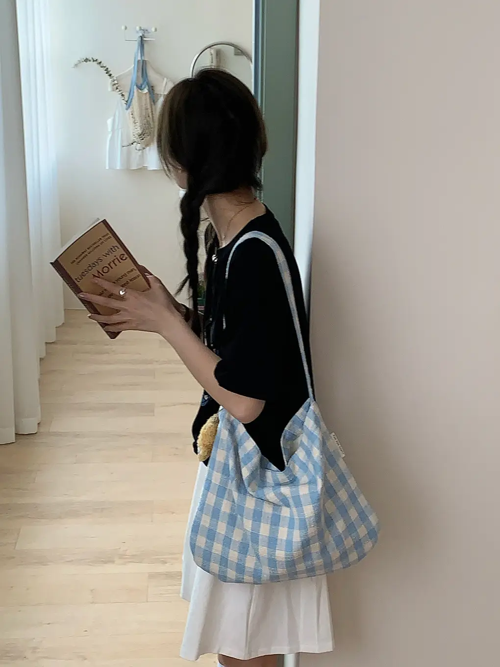Korean Style Plaid Shoulder Crossbody Bag Large Capacity Cream Blue — feature 16