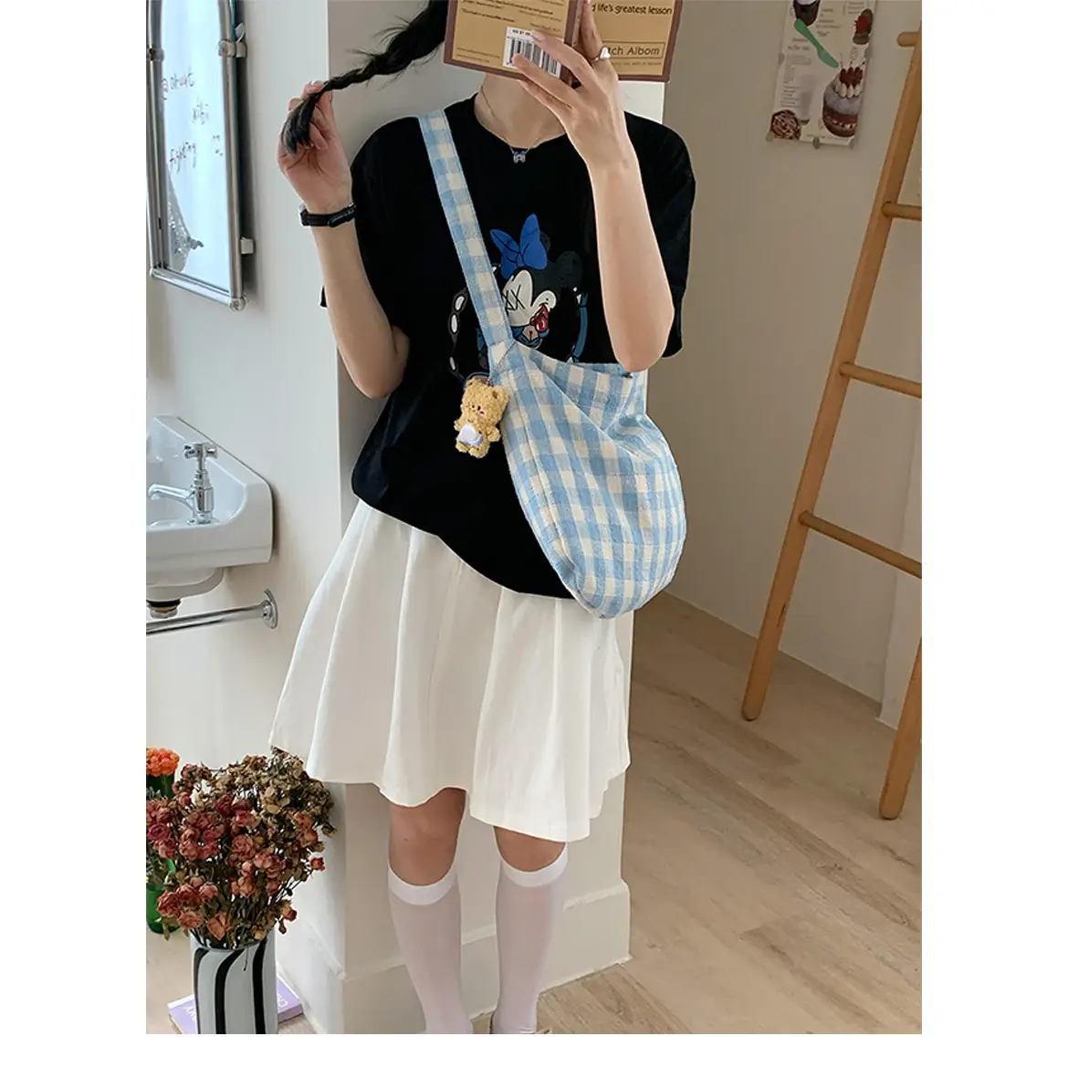 Korean Style Plaid Shoulder Crossbody Bag Large Capacity Cream Blue — feature 2