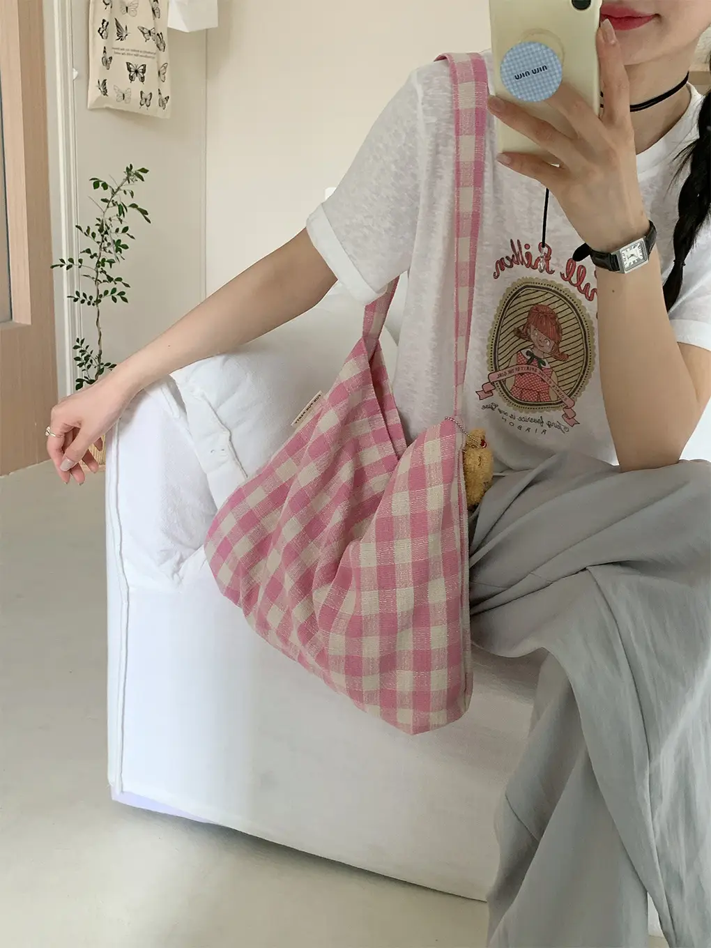 Korean Style Plaid Shoulder Crossbody Bag Large Capacity Cream Blue — feature 7