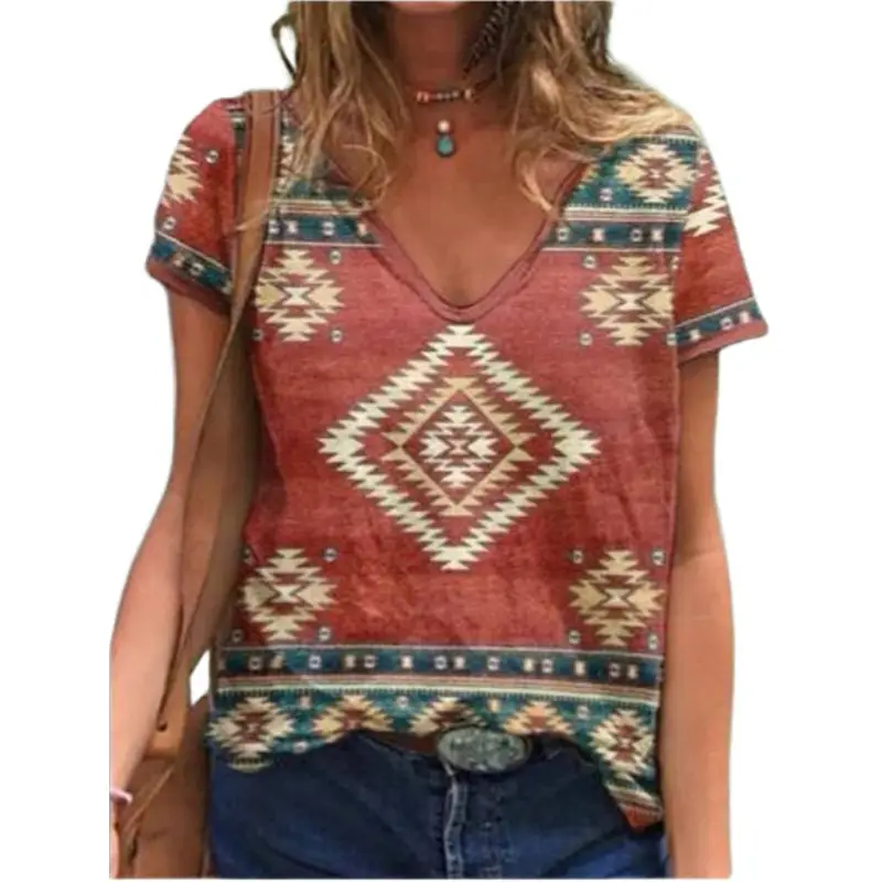 Summer Western Aztec Pattern 3D Printed T-Shirt Women's V-neck Casual T-Shirt Y2k Top Women's Super