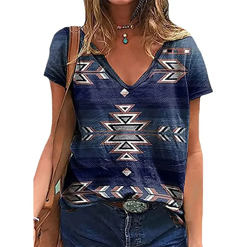 Summer Western Aztec Pattern 3D Printed T-Shirt Women's V-neck Casual T-Shirt Y2k Top Women's Super