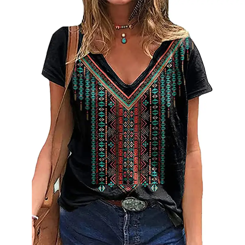 Summer Western Aztec Pattern 3D Printed T-Shirt Women's V-neck Casual T-Shirt Y2k Top Women's Super