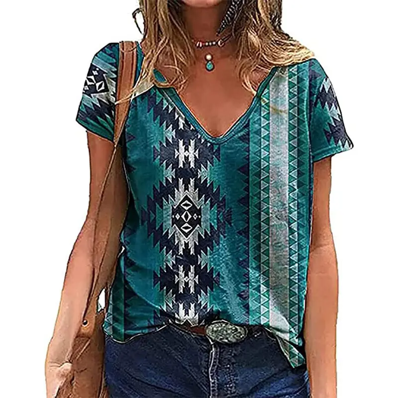 Summer Western Aztec Pattern 3D Printed T-Shirt Women's V-neck Casual T-Shirt Y2k Top Women's Super