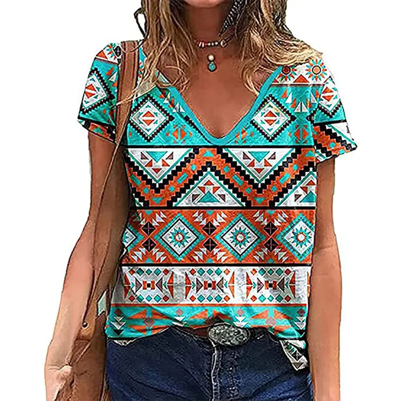 Summer Western Aztec Pattern 3D Printed T-Shirt Women's V-neck Casual T-Shirt Y2k Top Women's Super