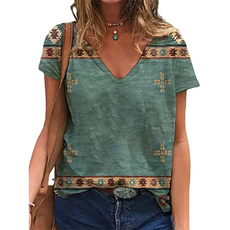 Summer Western Aztec Pattern 3D Printed T-Shirt Women's V-neck Casual T-Shirt Y2k Top Women's Super