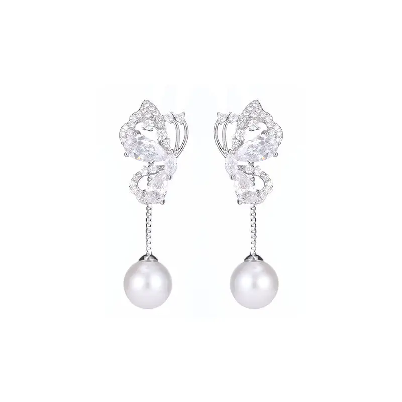 Silver Butterfly Pearl Earrings for Women