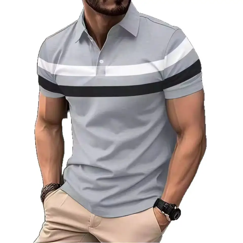 Men's 2025 Polo Shirt Black Striped Collared Short Sleeve - Image 5