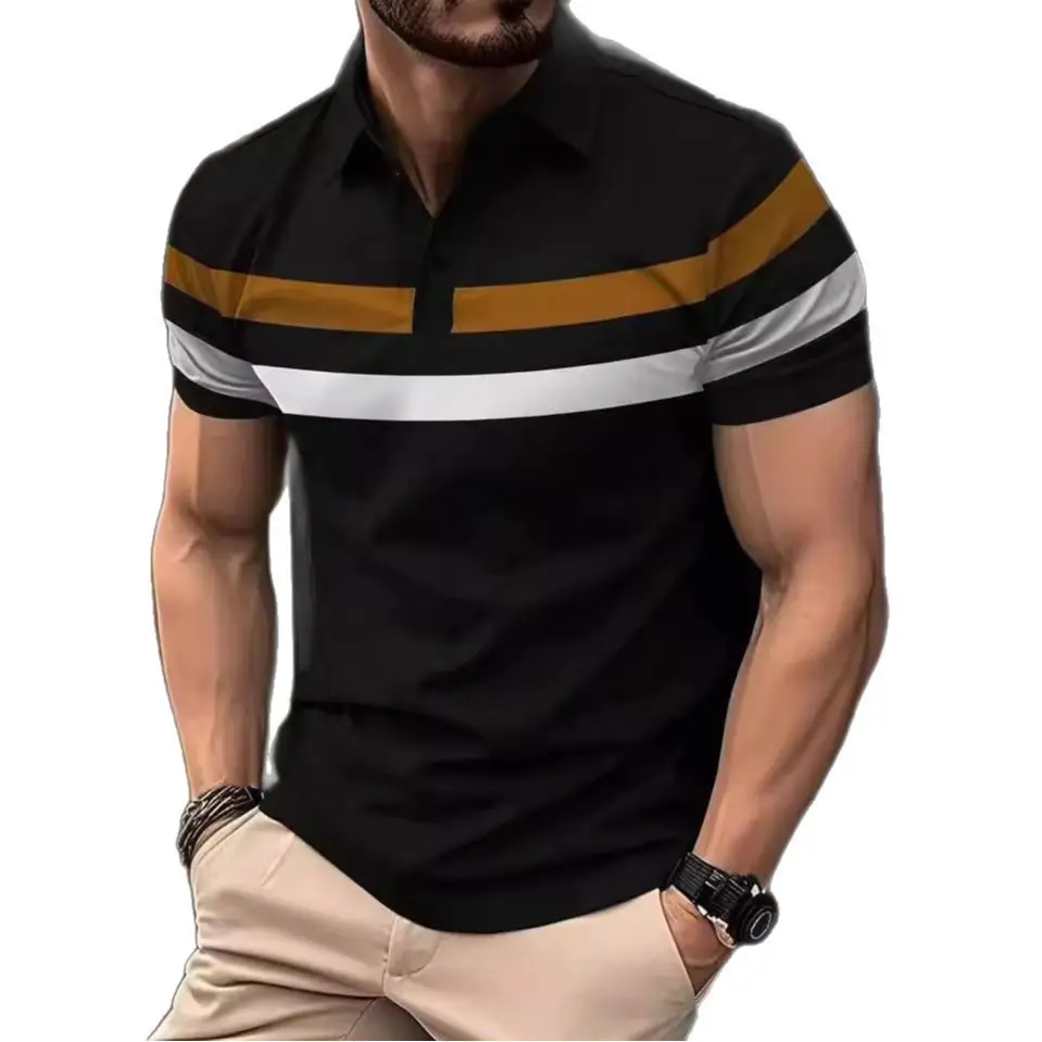 Men's 2025 Polo Shirt Black Striped Collared Short Sleeve - Image 6