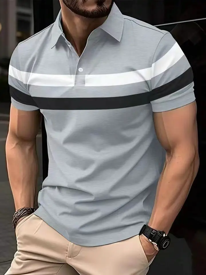 Men's 2025 Polo Shirt Black Striped Collared Short Sleeve — feature 11