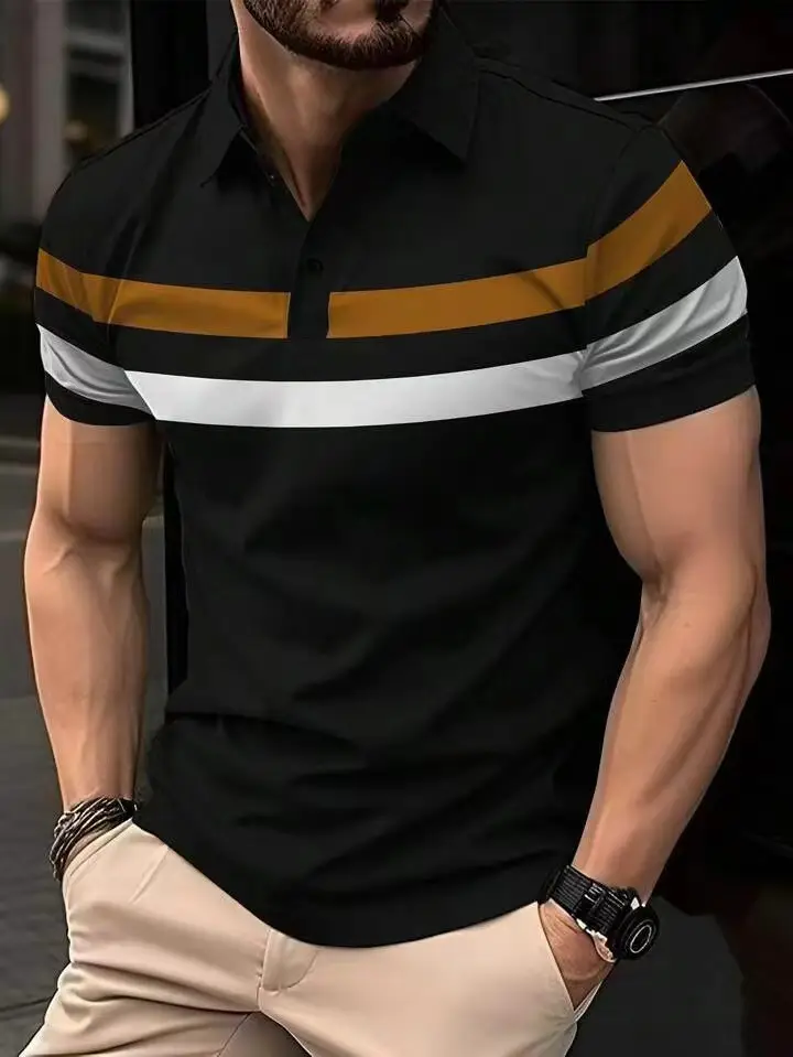 Men's 2025 Polo Shirt Black Striped Collared Short Sleeve — feature 14