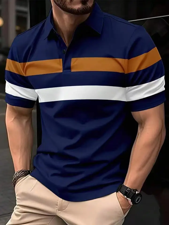 Men's 2025 Polo Shirt Black Striped Collared Short Sleeve — feature 8