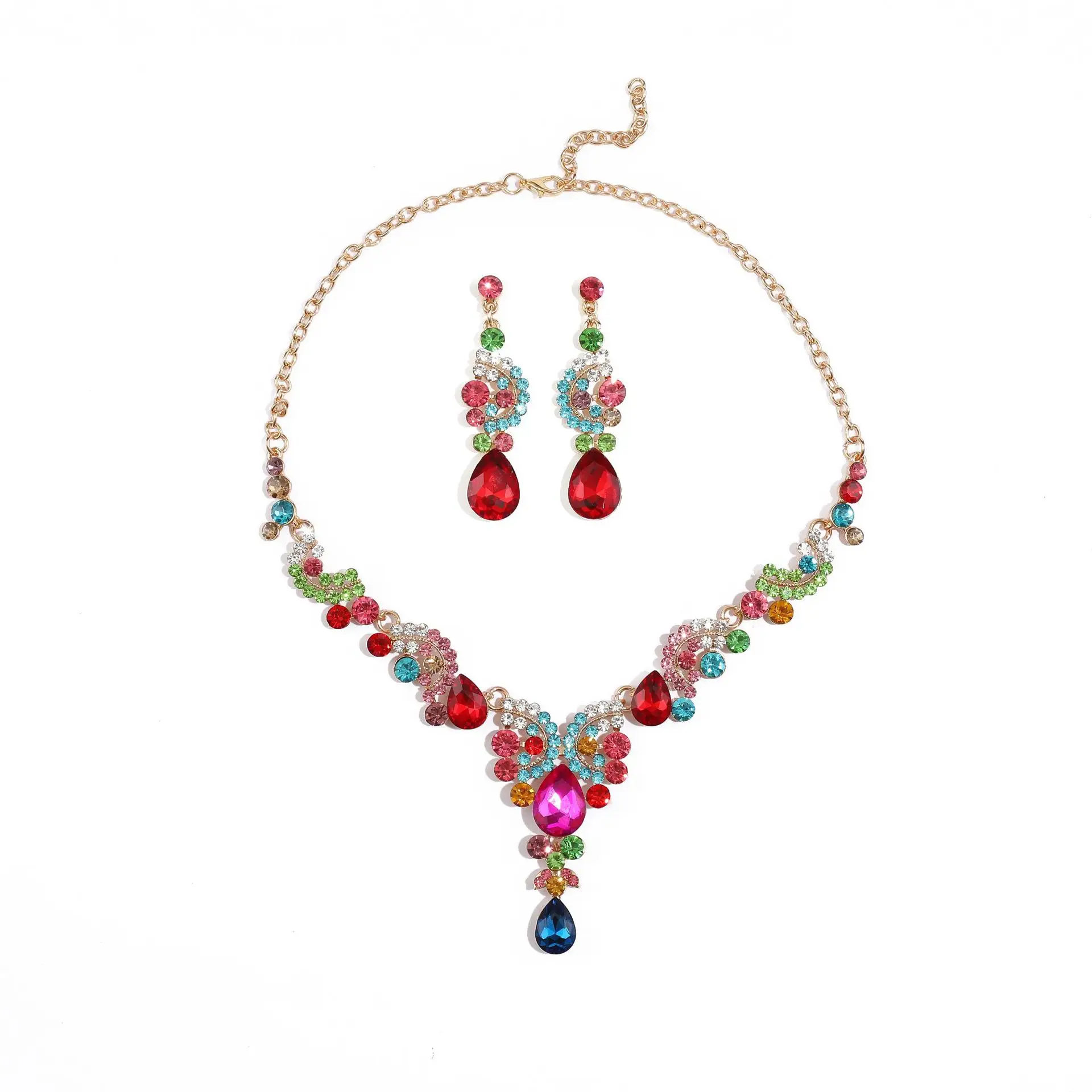 Red Multi-Color Bridal Earrings Necklace Set - Image 14