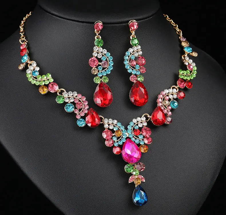 Red Multi-Color Bridal Earrings Necklace Set — feature 8