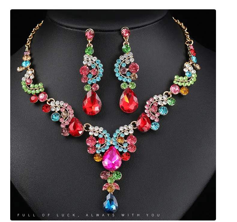Red Multi-Color Bridal Earrings Necklace Set — feature 9