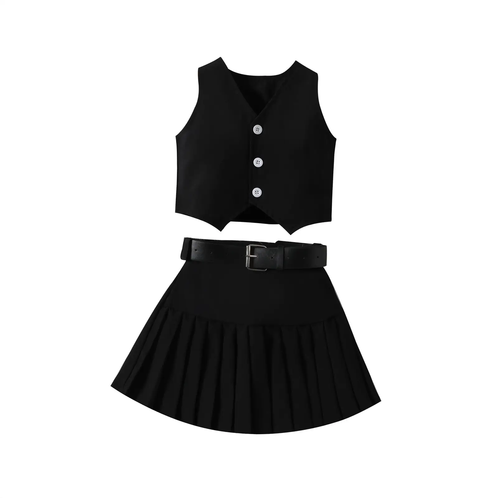 Black Sleeveless Vest Vest with Buckle Belt for Girls