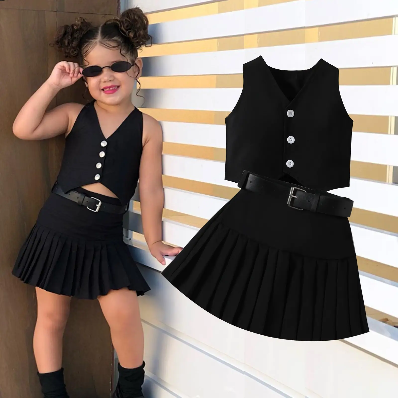 Black Sleeveless Vest Vest with Buckle Belt for Girls — feature 1