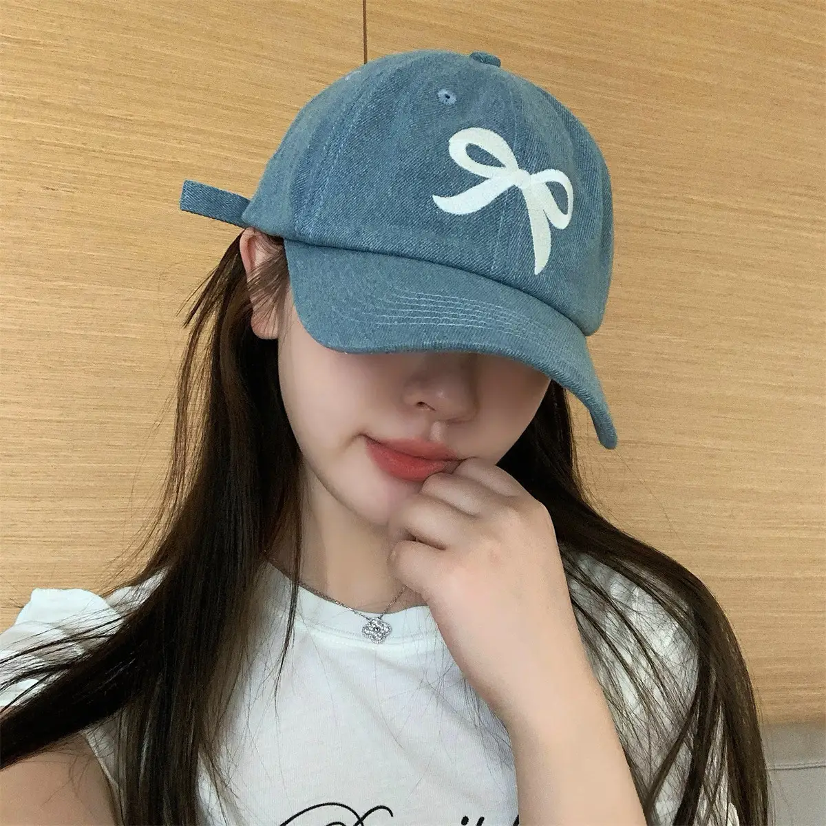 Women Blue Denim Bow Baseball Cap with Cute Design - Image 2
