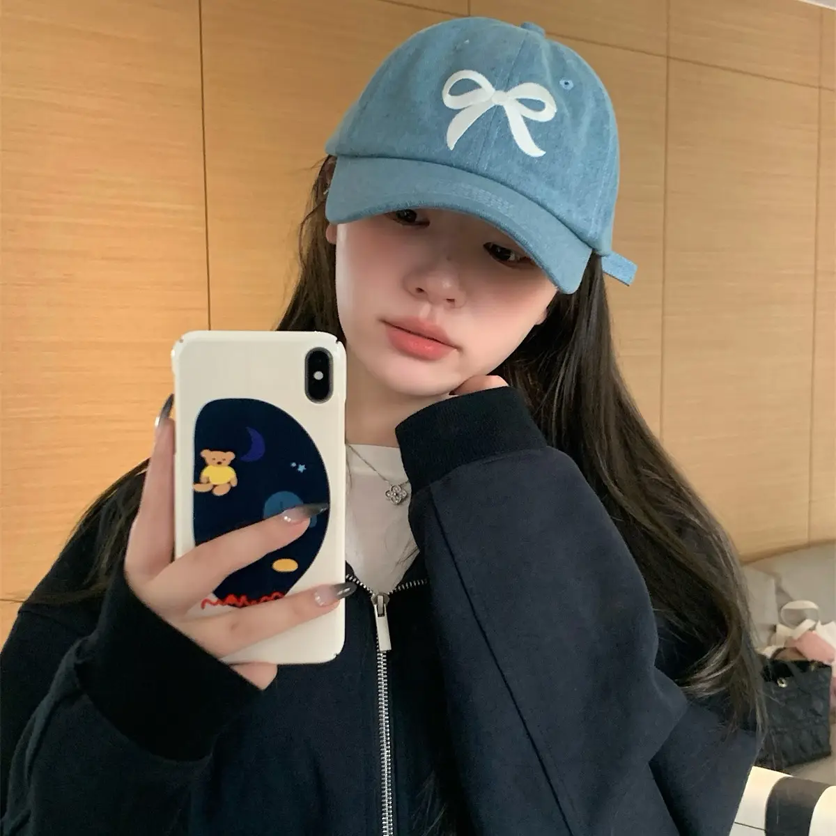 Women Blue Denim Bow Baseball Cap with Cute Design - Image 4