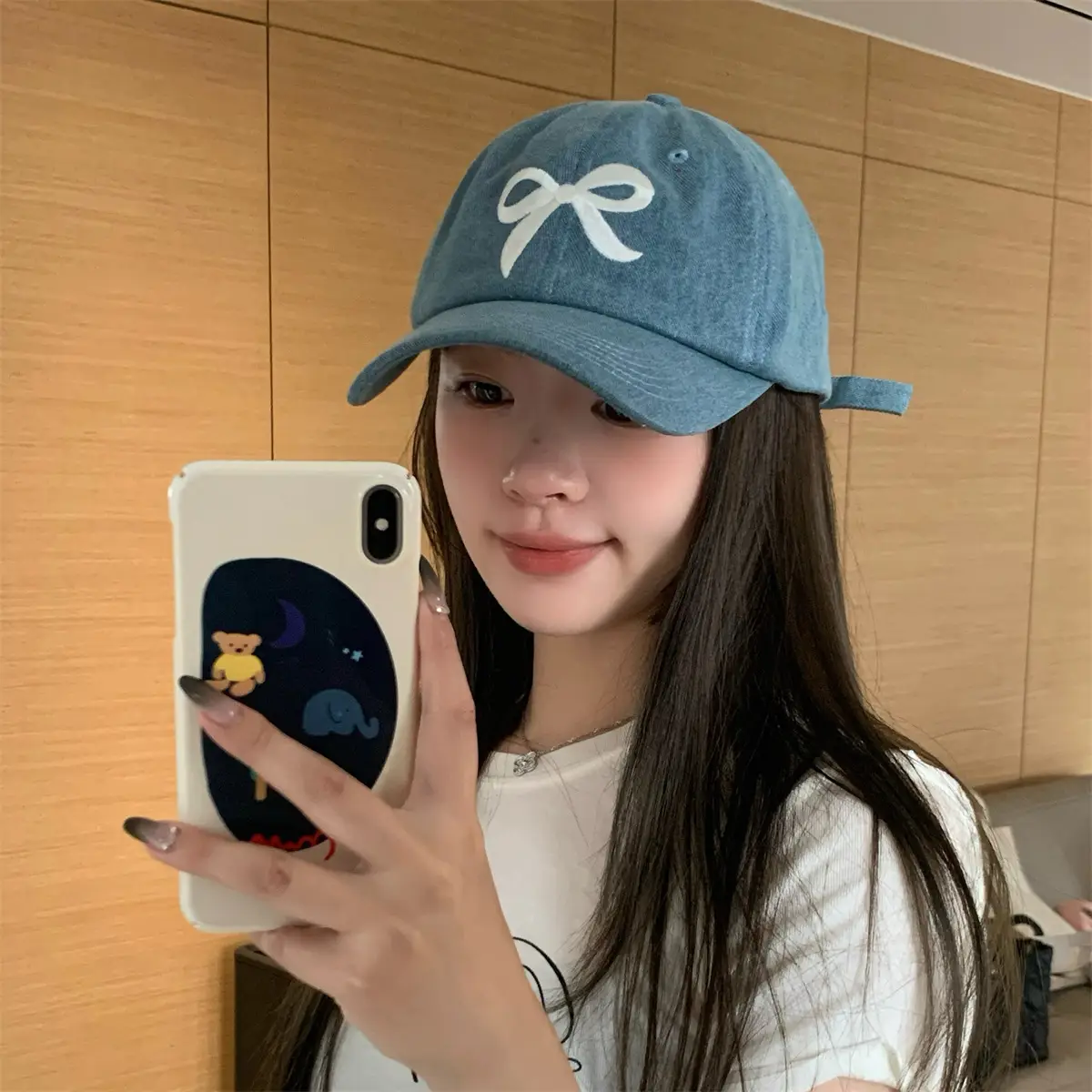 Women Blue Denim Bow Baseball Cap with Cute Design - Image 5