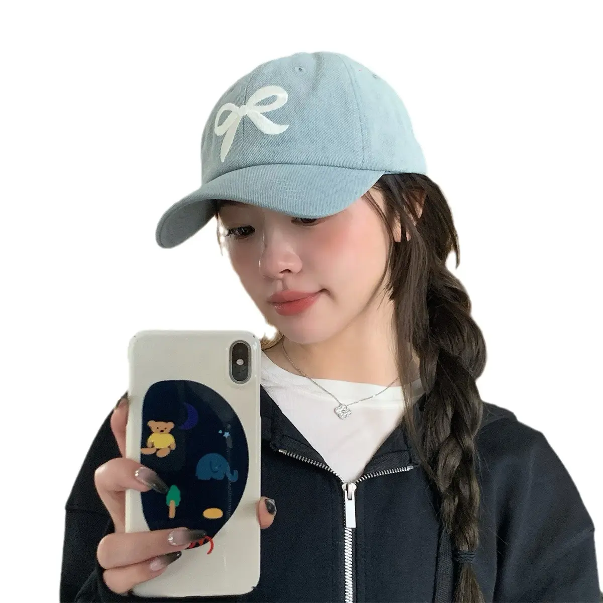 Women Blue Denim Bow Baseball Cap with Cute Design - Image 6