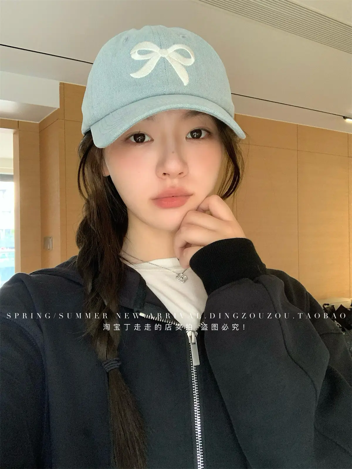 Women Blue Denim Bow Baseball Cap with Cute Design — feature 15