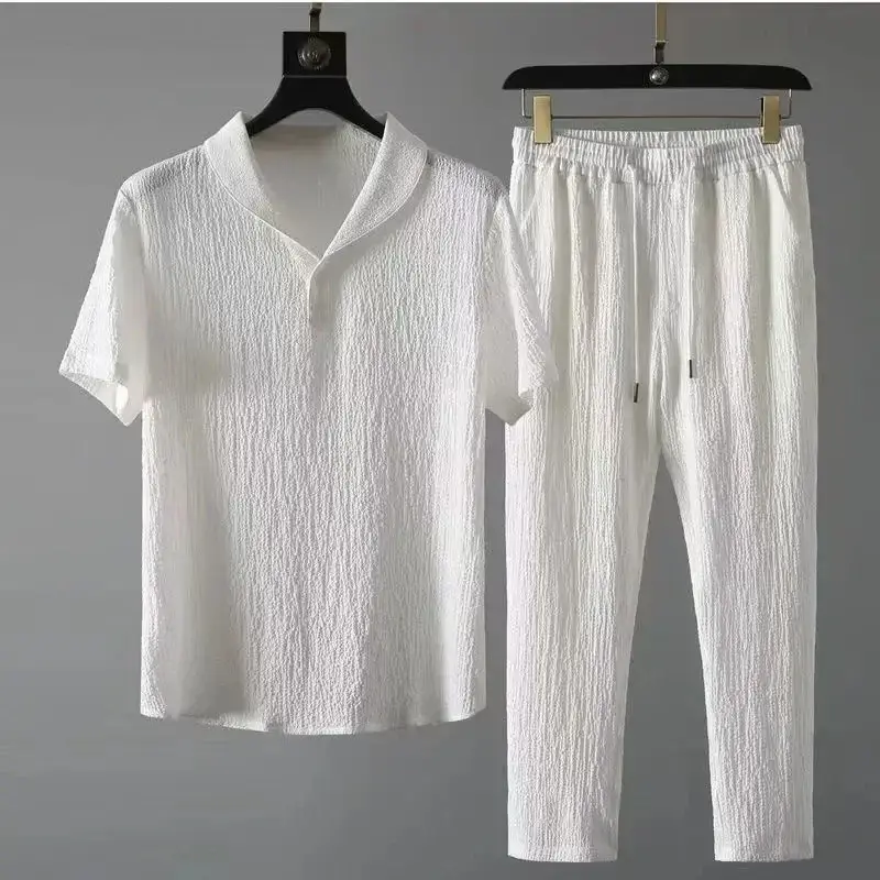 Men's White V-Neck Thin Suit Black Trousers 2024 - Image 13