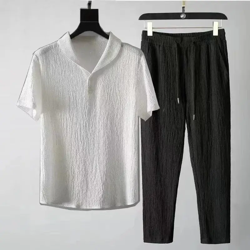 Men's White V-Neck Thin Suit Black Trousers 2024 - Image 19