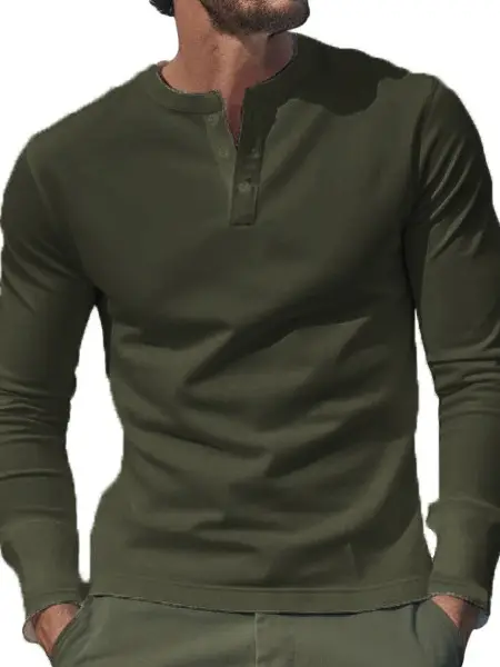 Men's Slim Fit Henry Shirt Olive Green Long Sleeve - Image 12