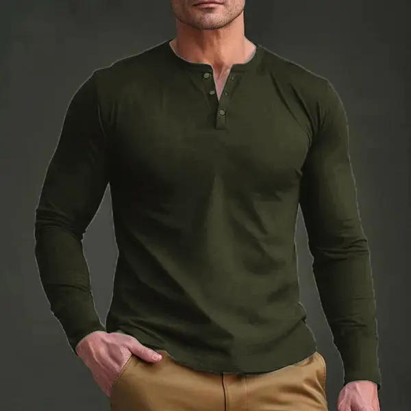 Men's Slim Fit Henry Shirt Olive Green Long Sleeve — feature 34