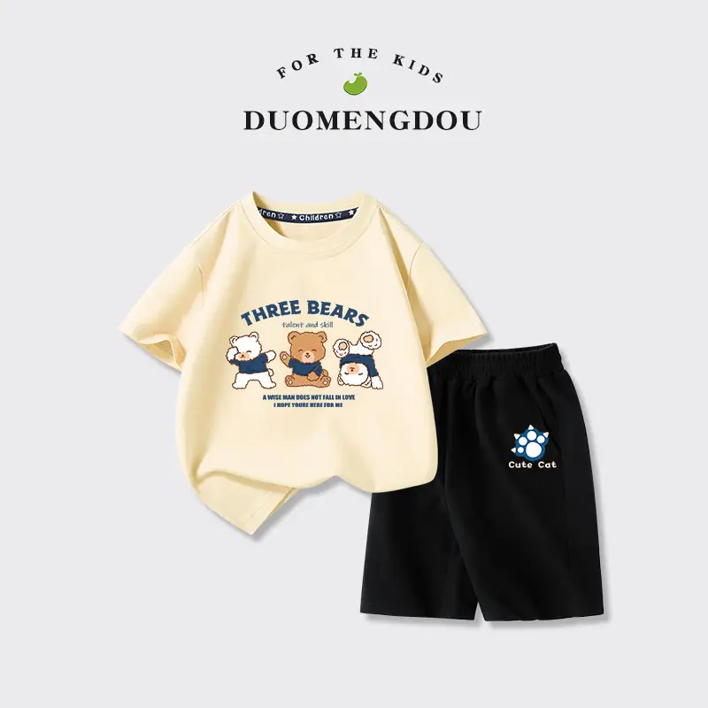Kids Summer T-Shirt Set Pure Cotton Big Boy Sports Wear - Image 3