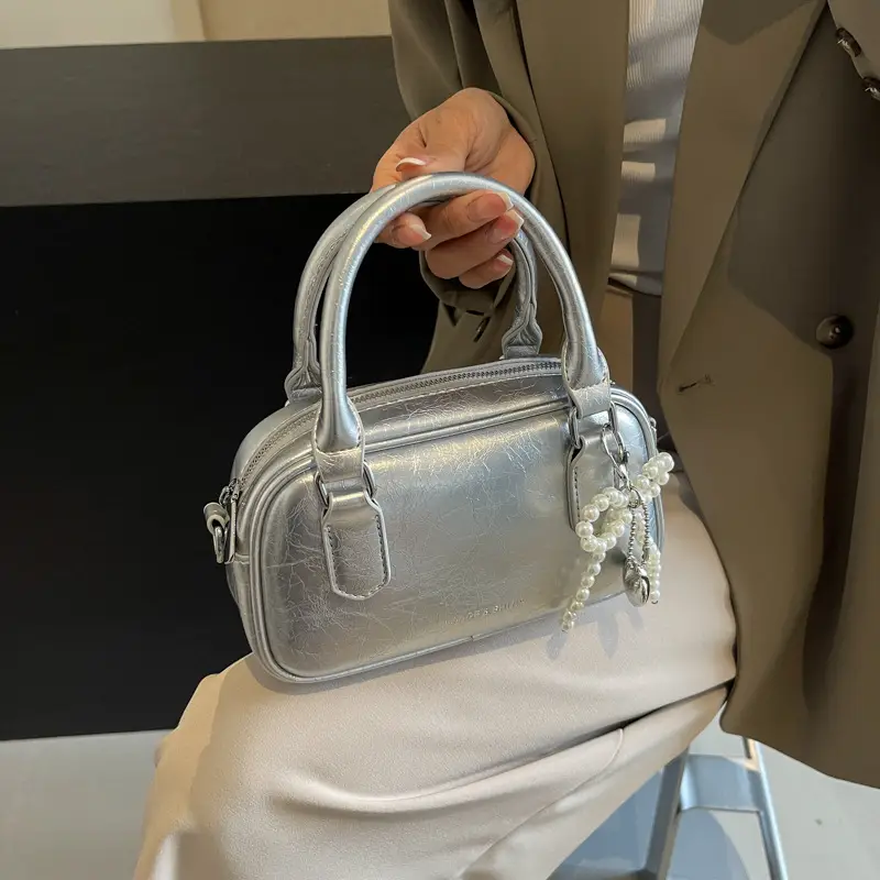 Silver Korean Style Textured Shoulder Bag for Women - Image 6