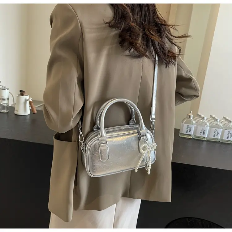 Silver Korean Style Textured Shoulder Bag for Women — feature 57