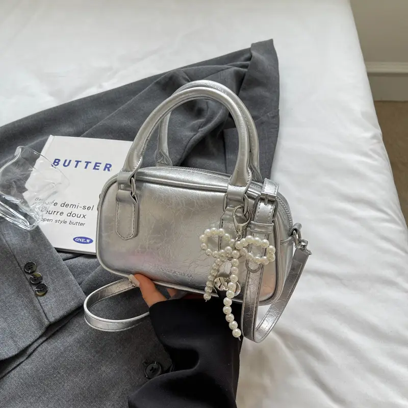 Silver Korean Style Textured Shoulder Bag for Women - Image 3