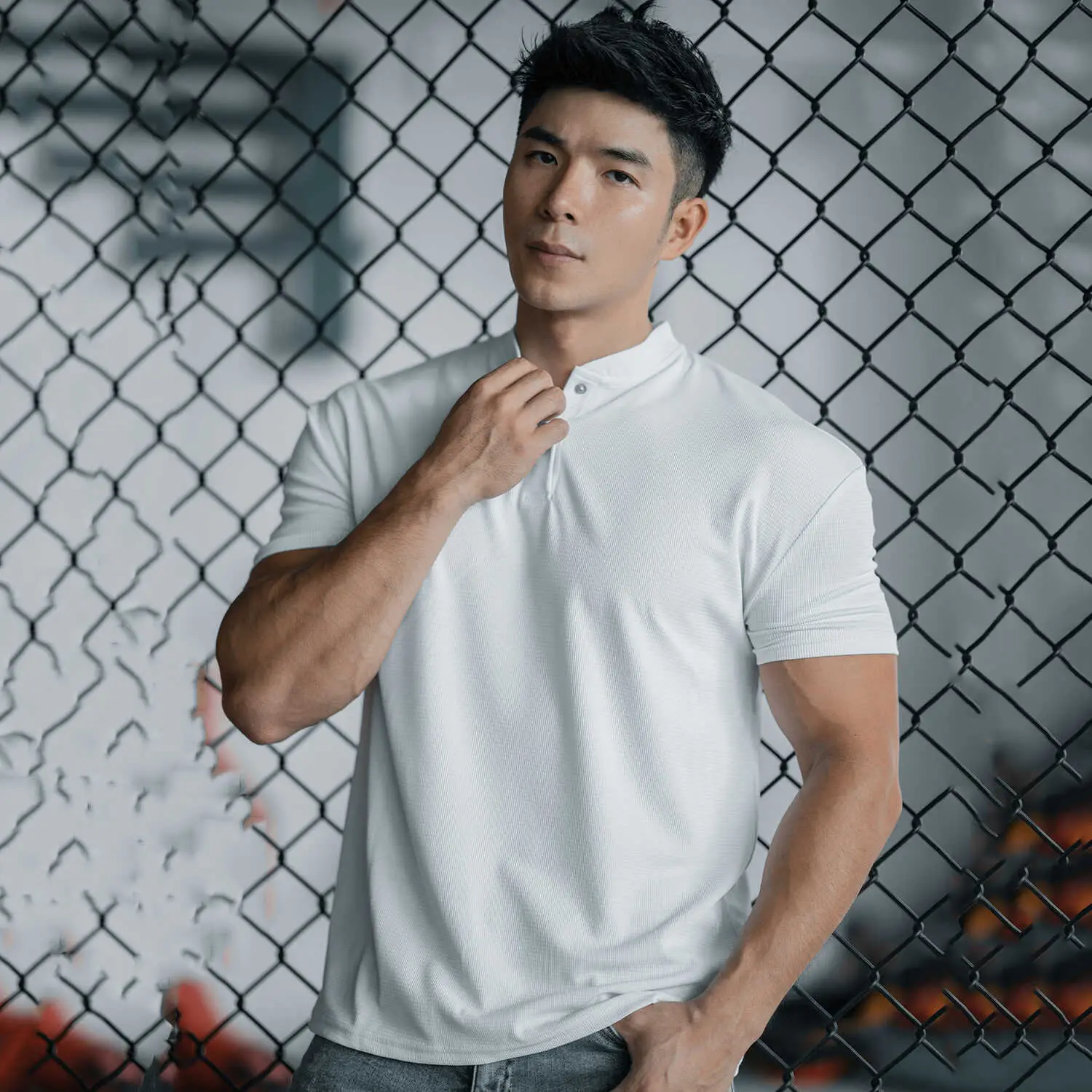 Men Navy Polo T-Shirt Large Button Collar — feature 7