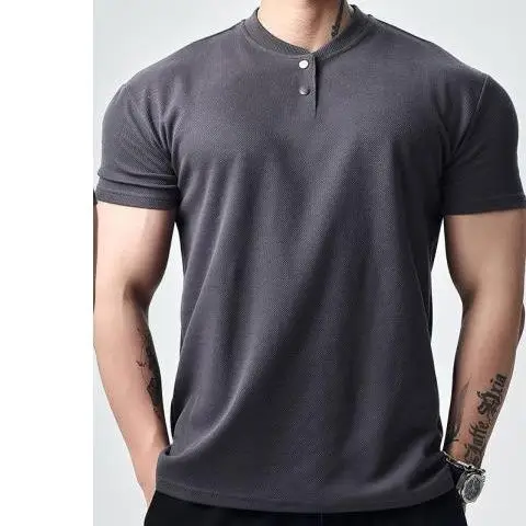 Men Navy Polo T-Shirt Large Button Collar - Image 3