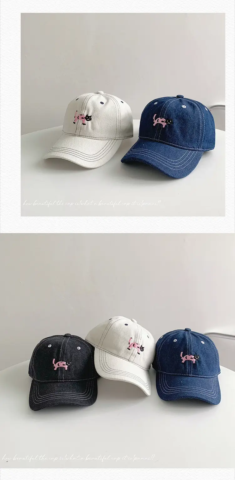 Kitten Denim Baseball Cap Washed Soft Top Korean Casual All-match Embroidered Outdoor Cap — feature 26