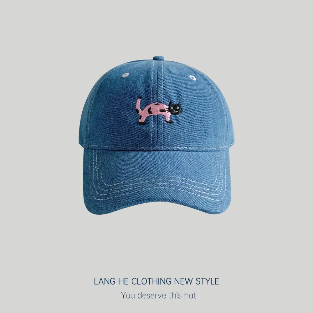Kitten Denim Baseball Cap Washed Soft Top Korean Casual All-match Embroidered Outdoor Cap - Image 3
