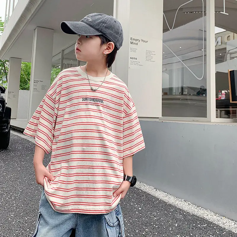 Boys Striped T-Shirt Red White 2025 Summer