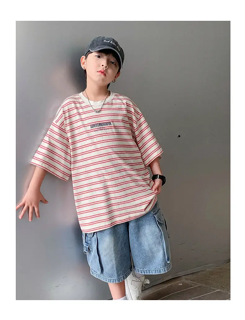 Boys Striped T-Shirt Red White 2025 Summer — feature 10