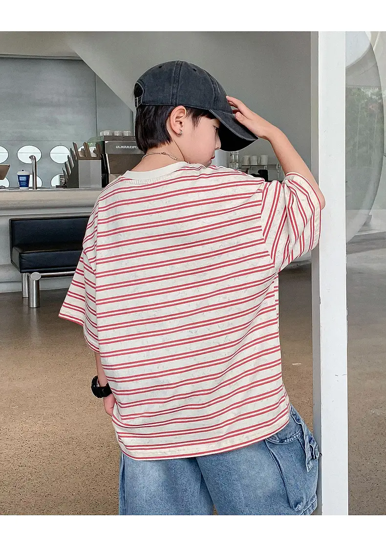 Boys Striped T-Shirt Red White 2025 Summer — feature 11