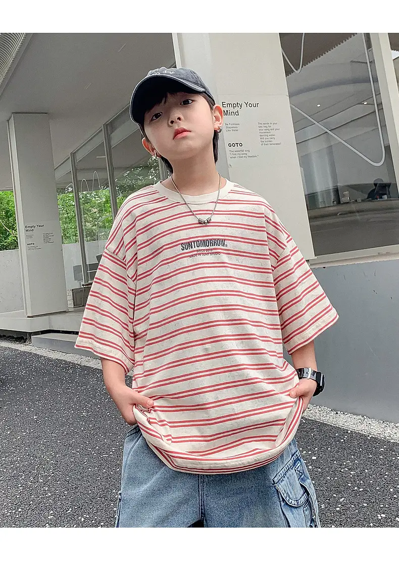 Boys Striped T-Shirt Red White 2025 Summer — feature 12