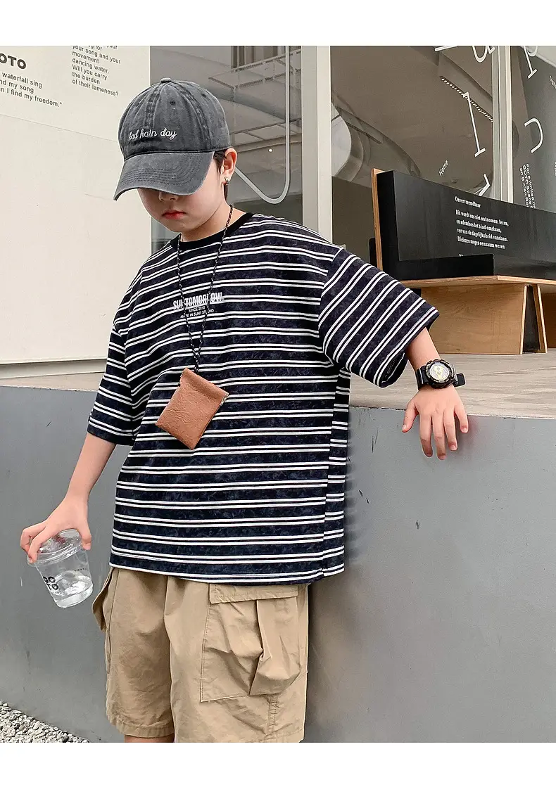 Boys Striped T-Shirt Red White 2025 Summer — feature 13