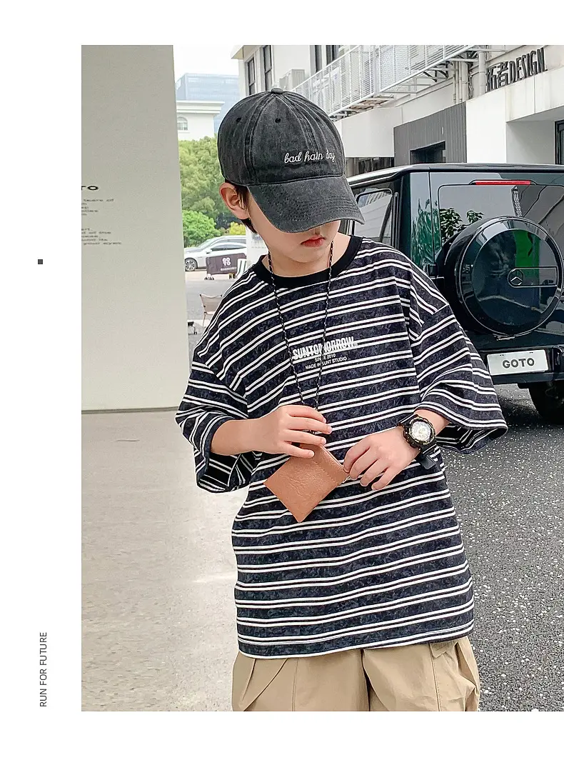 Boys Striped T-Shirt Red White 2025 Summer — feature 14