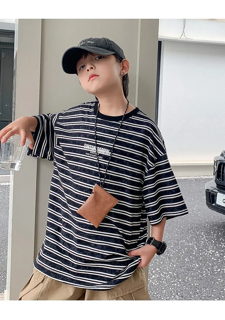 Boys Striped T-Shirt Red White 2025 Summer — feature 18